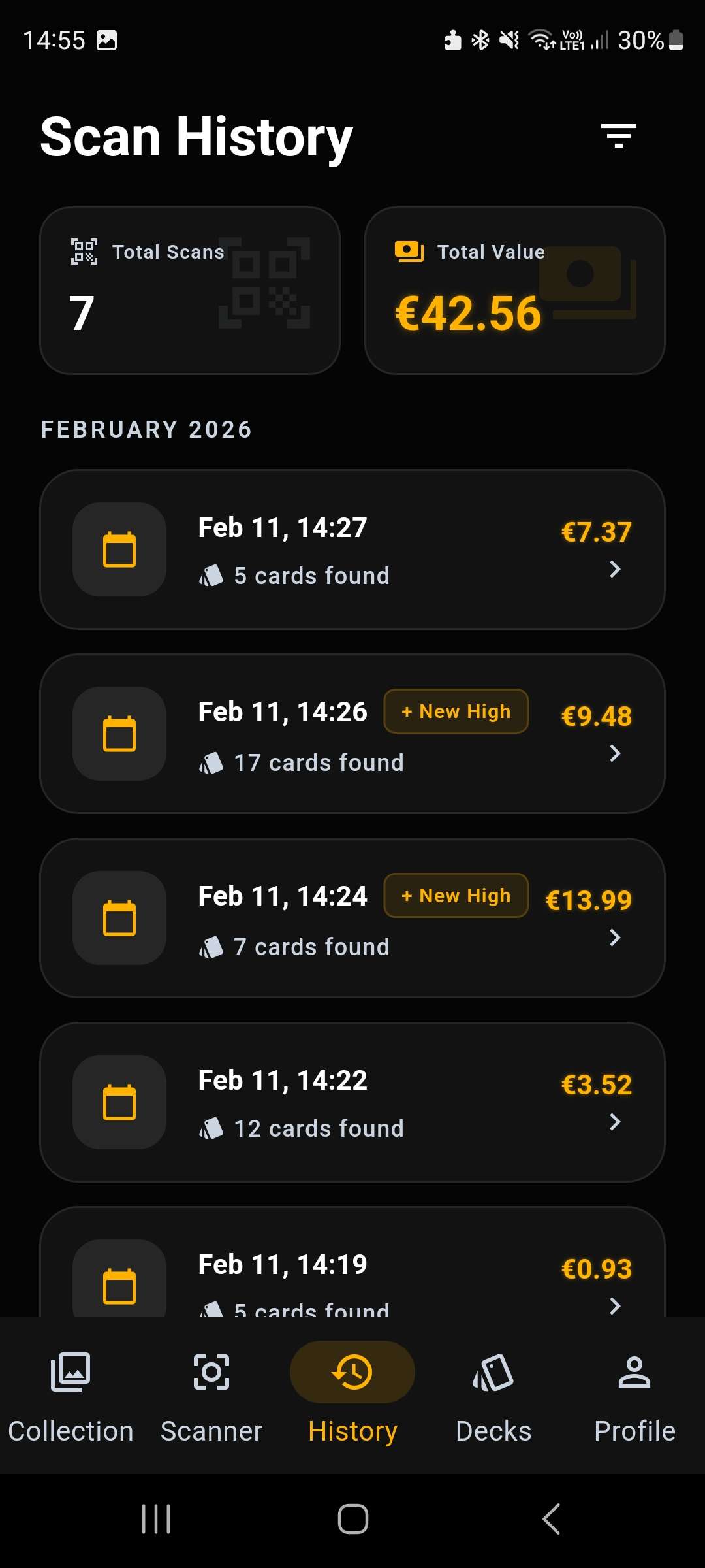 Scan history with session tracking