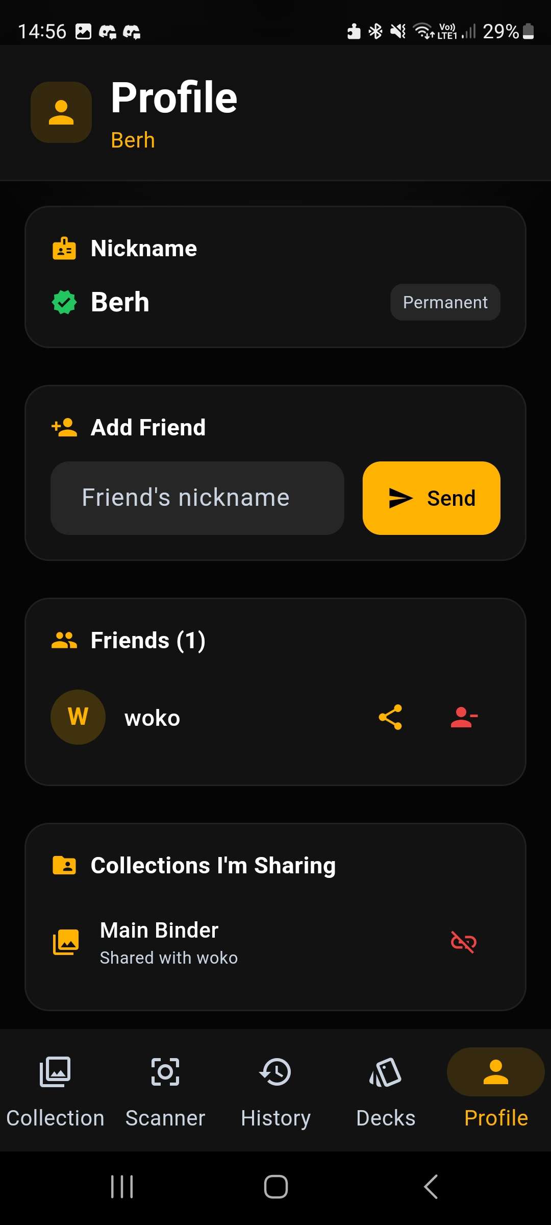 User profile with friend management and collection sharing