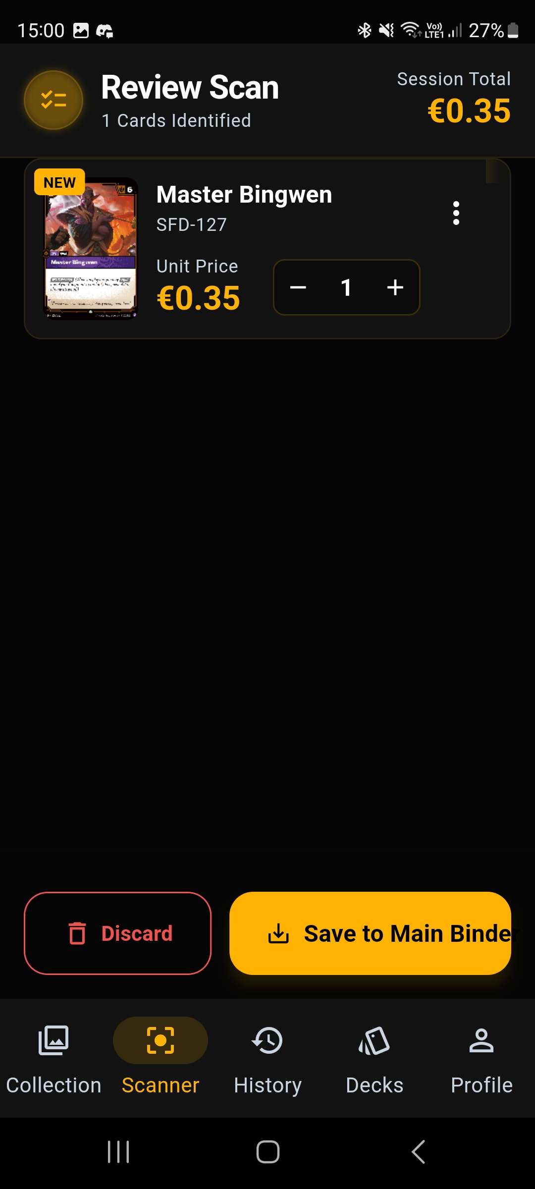 Review scanned cards with quantity controls